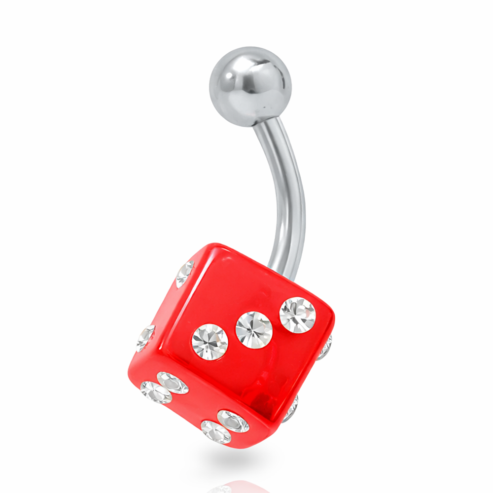 Surgical Steel 14 Gauge Belly Ring with Red Acrylic UV Dice