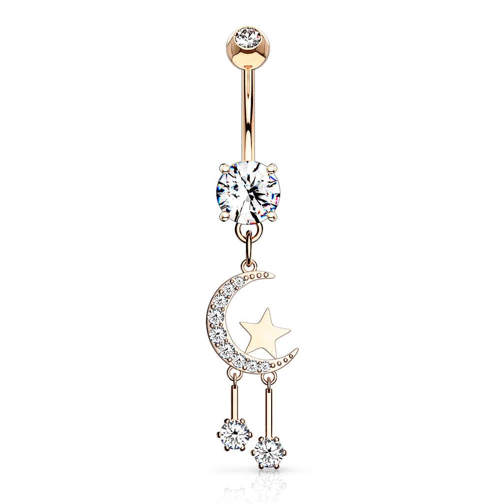 Surgical Steel Belly Ring 14 Gauge 3/8" With Crescent Moon & CZ Gems
