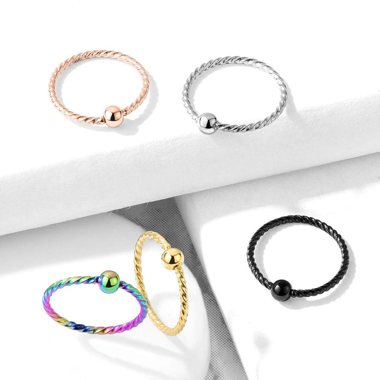 Surgical Steel Bendable Hoop Ring 20 Gauge & Twisted Rope Fixed Ball