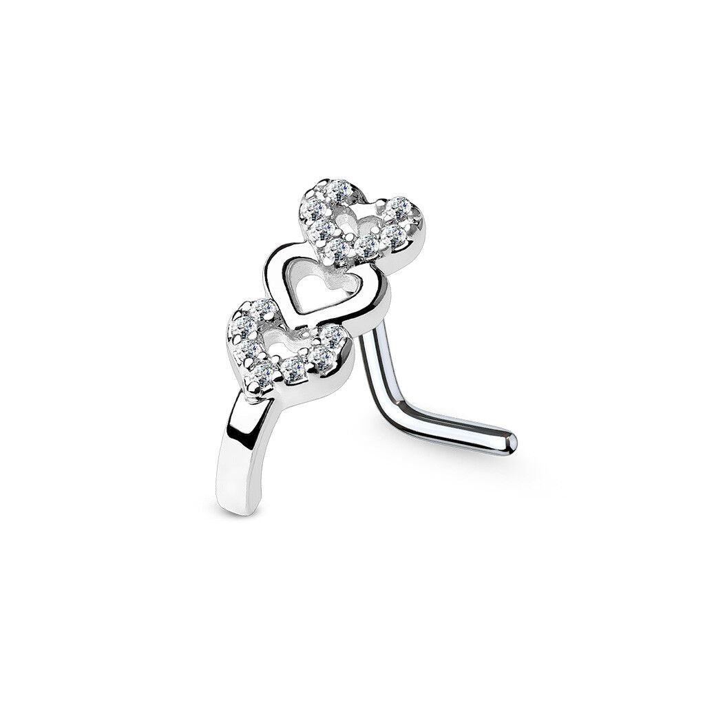 Surgical Steel Nose Ring Stud 20 Gauge 1/4" L Bend & Tripple Heart Gem