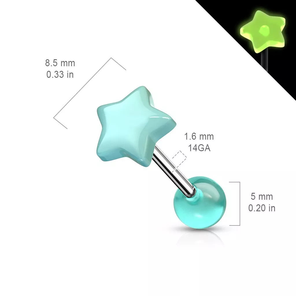 Surgical Steel Straight Barbell 14 Gauge 5/8" (16 MM) UV Acrylic Star