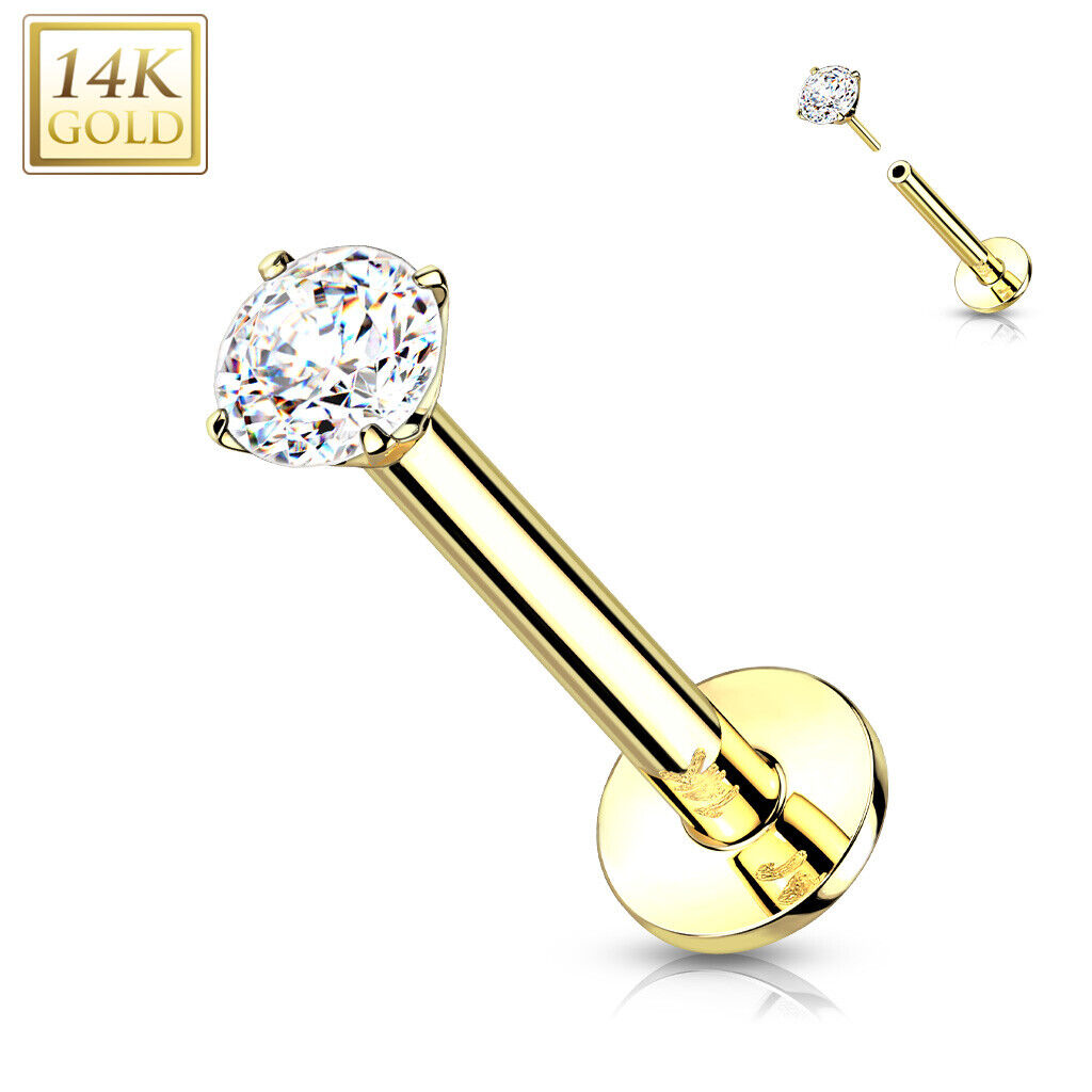 14 Karat Solid Gold Labret / Monroe Stud 18 & 16 Gauge - 2 MM CZ Gem