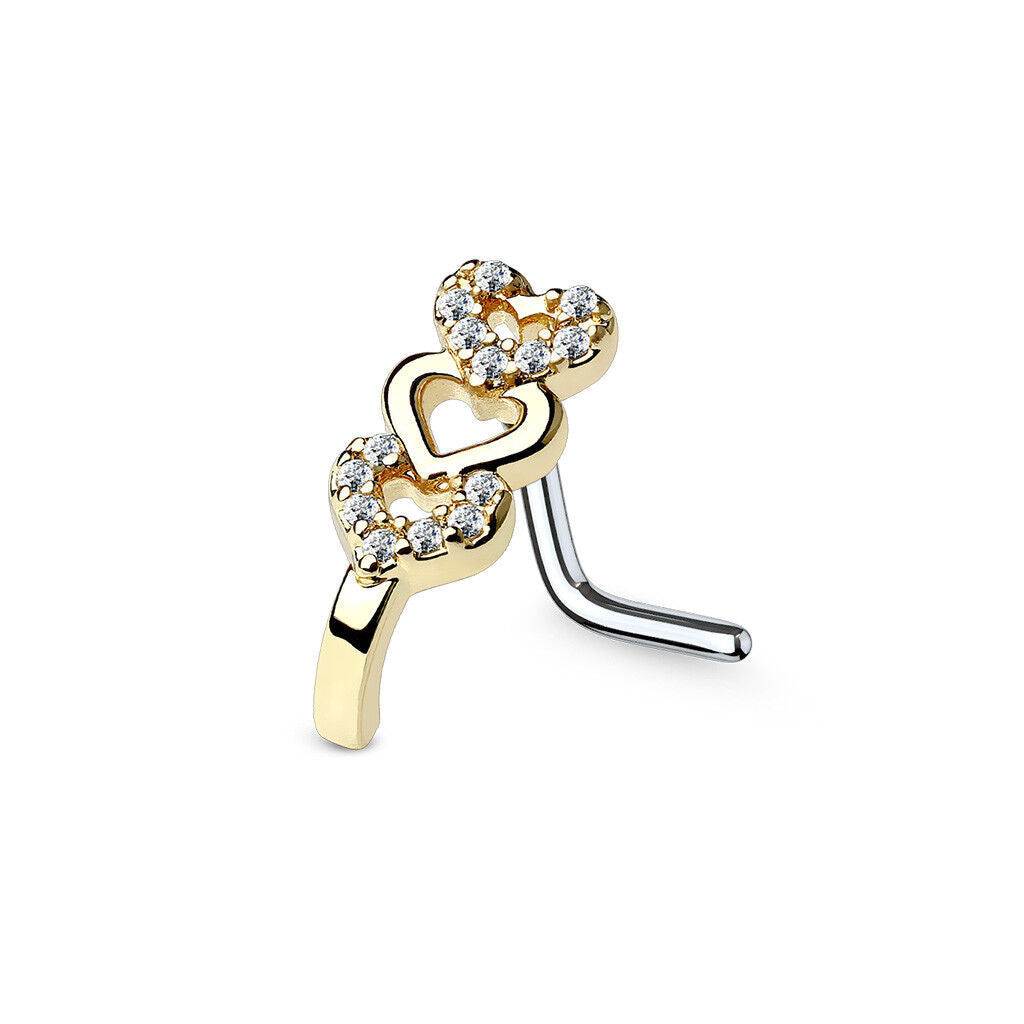 Surgical Steel Nose Ring Stud 20 Gauge 1/4" L Bend & Tripple Heart Gem