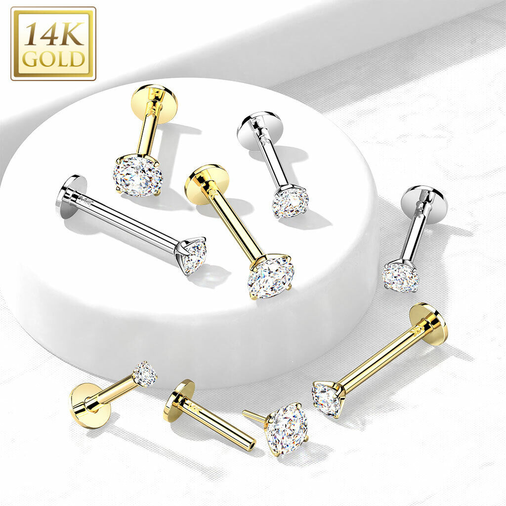 14 Karat Solid Gold Labret / Monroe Stud 18 & 16 Gauge - 2 MM CZ Gem