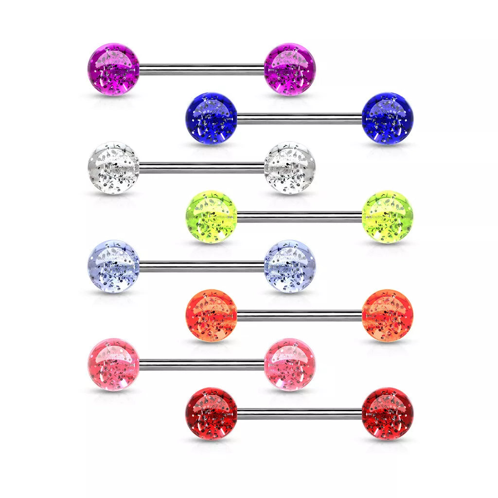 Surgical Steel Straight Barbell Tongue Ring 14 Gauge Glitter - 20 Pack