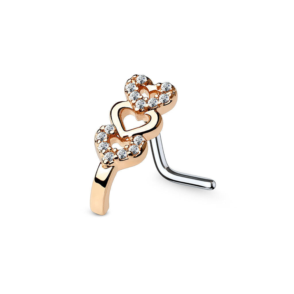 Surgical Steel Nose Ring Stud 20 Gauge 1/4" L Bend & Tripple Heart Gem