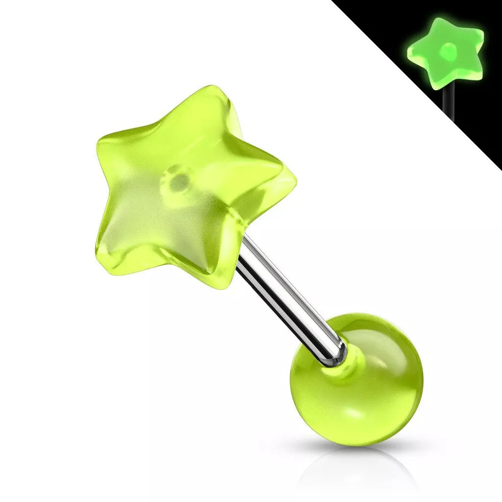 Surgical Steel Straight Barbell 14 Gauge 5/8" (16 MM) UV Acrylic Star