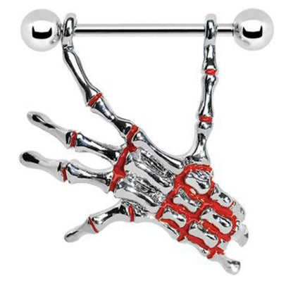 Surgical Steel Nipple Ring Barbell Shield 14 Gauge & Skeleton Hands - Pair