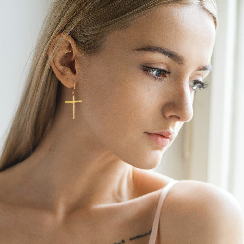 Stainless Steel Hoop Earring 20 Gauge With Dangle Cross - Pair