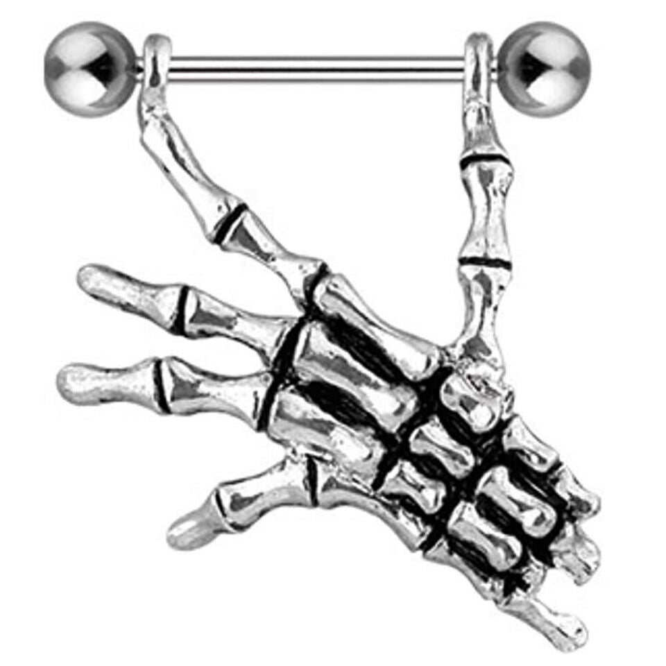 Surgical Steel Nipple Ring Barbell Shield 14 Gauge & Skeleton Hands - Pair