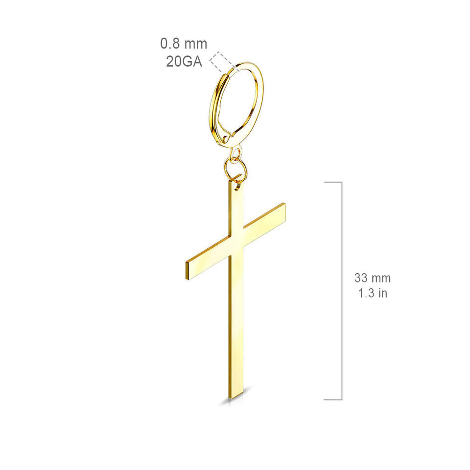 Stainless Steel Hoop Earring 20 Gauge With Dangle Cross - Pair