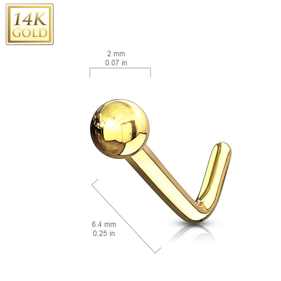 14 Karat Solid Gold Nose Ring Stud 20 Gauge 1/4" L Bend with Ball End
