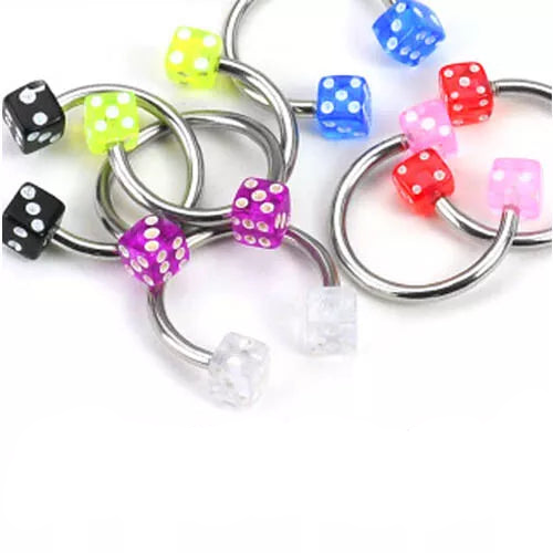 Surgical Steel Horseshoe Curved Barbell Ring 14 Gauge & Acrylic Dice