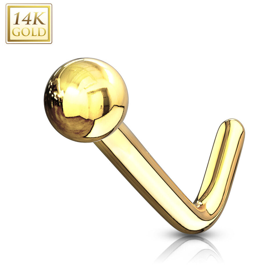 14 Karat Solid Gold Nose Ring Stud 20 Gauge 1/4" L Bend with Ball End