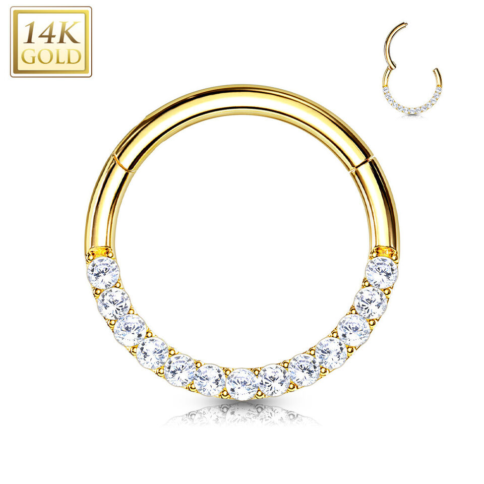 14 Karat Gold Septum Clicker Hinged Hoop Ring 16 Gauge CZ Half Circle