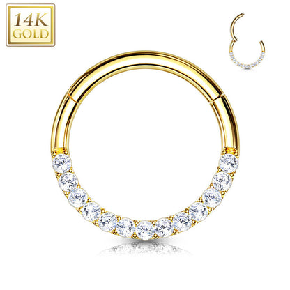 14 Karat Gold Septum Clicker Hinged Hoop Ring 16 Gauge CZ Half Circle
