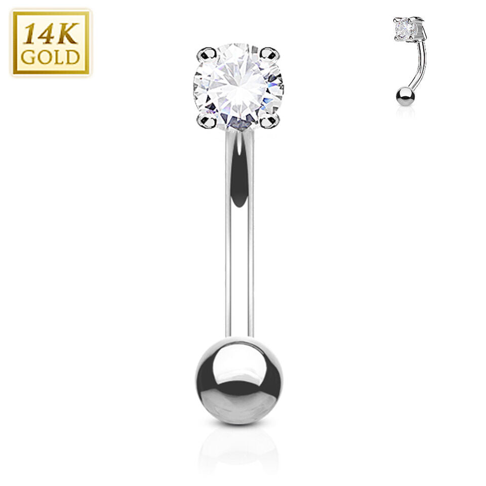 14 Karat Gold Curved Barbell 16 Gauge 5/16" Eyebrow Ring & Round CZ