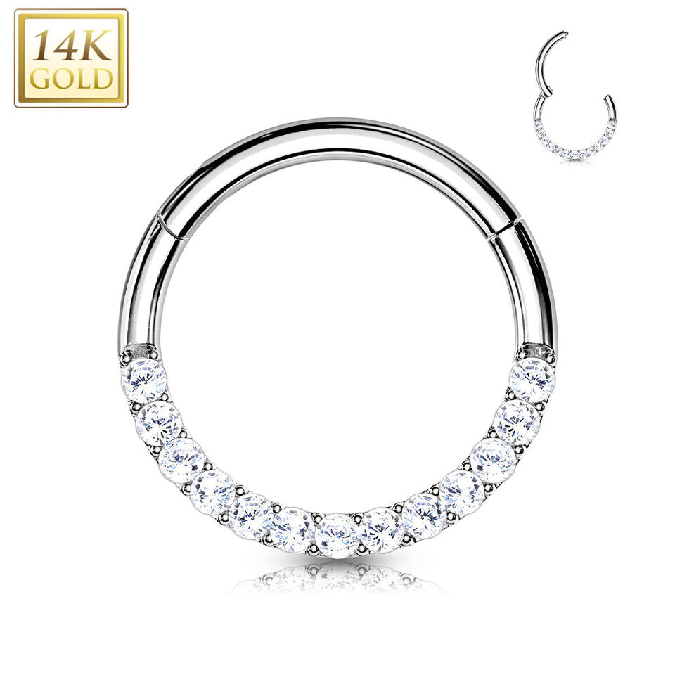 14 Karat Gold Septum Clicker Hinged Hoop Ring 16 Gauge CZ Half Circle