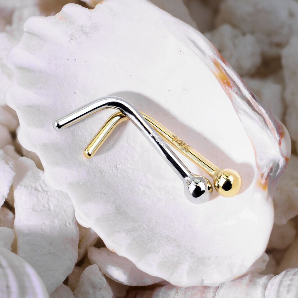 14 Karat Solid Gold Nose Ring Stud 20 Gauge 1/4" L Bend with Ball End