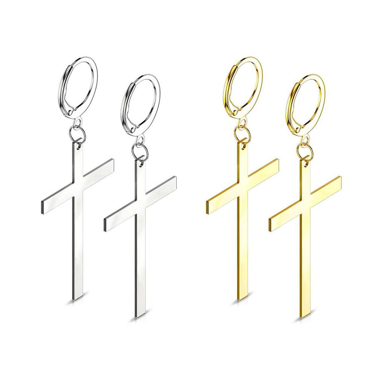 Stainless Steel Hoop Earring 20 Gauge With Dangle Cross - Pair