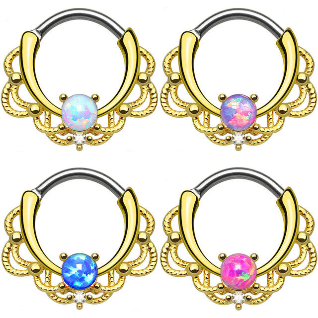 14 Karat Gold Plated Septum Clicker 16 Gauge Lace Design With Opal Gem