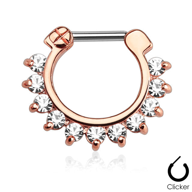 Surgical Steel Septum Clicker Ring 16 Gauge & Single Line Prong Gems