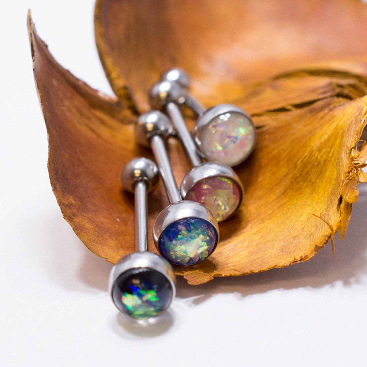 Surgical Steel Tongue Ring Straight Barbell 14 Gauge Opal Gem - 4 Pack