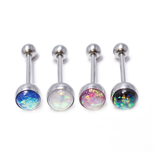 Surgical Steel Tongue Ring Straight Barbell 14 Gauge Opal Gem - 4 Pack