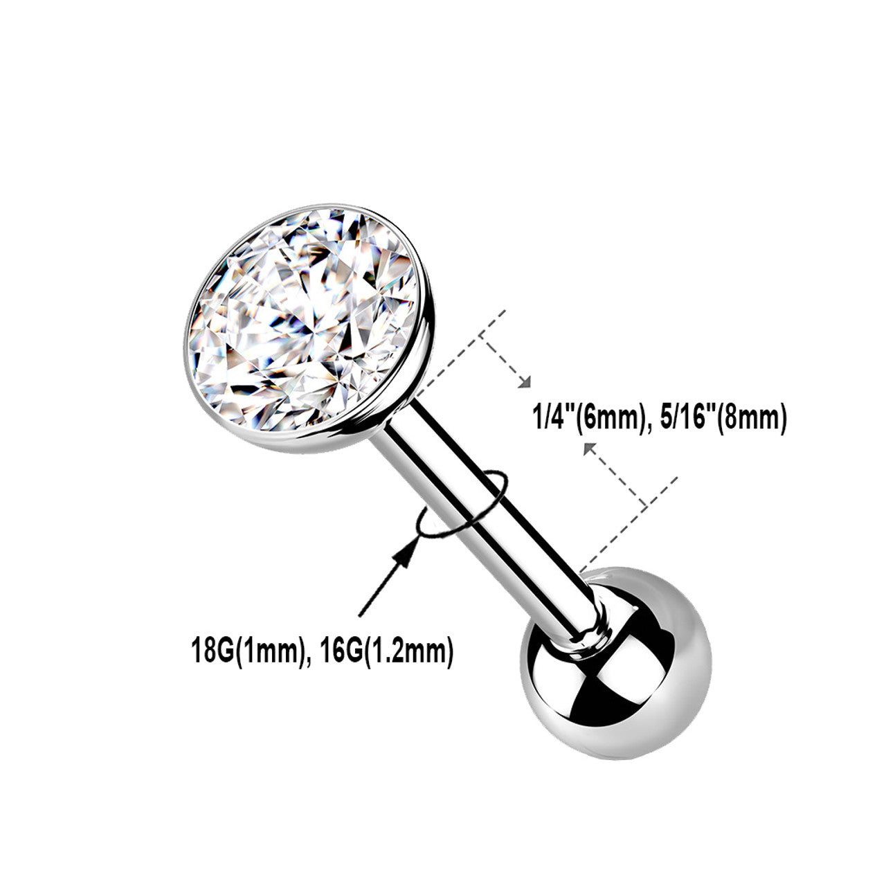 Titanium Cartilage Barbell Ball Top 18 16 Gauge With Threadless CZ Gem