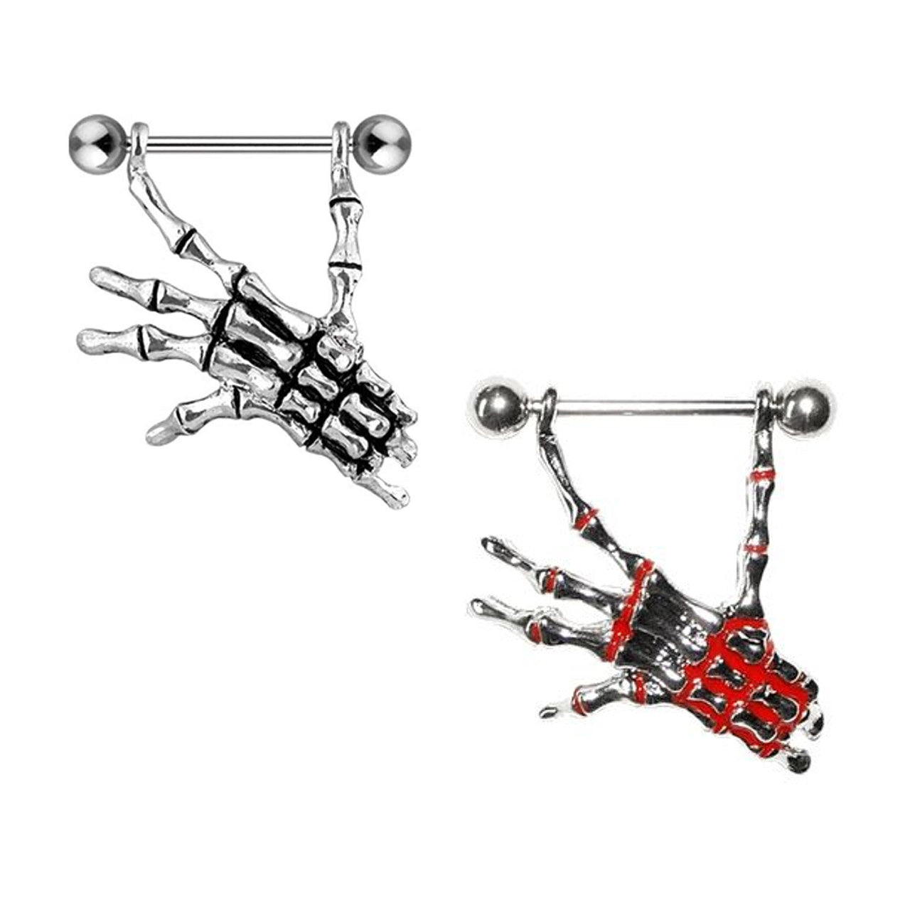 Surgical Steel Nipple Ring Barbell Shield 14 Gauge & Skeleton Hands - Pair