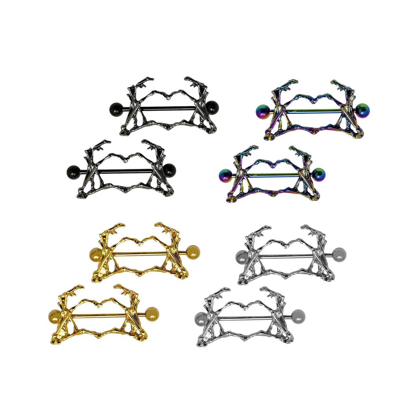 Surgical Steel Nipple Ring Barbell Shield 14 Gauge Skeleton Heart Pair