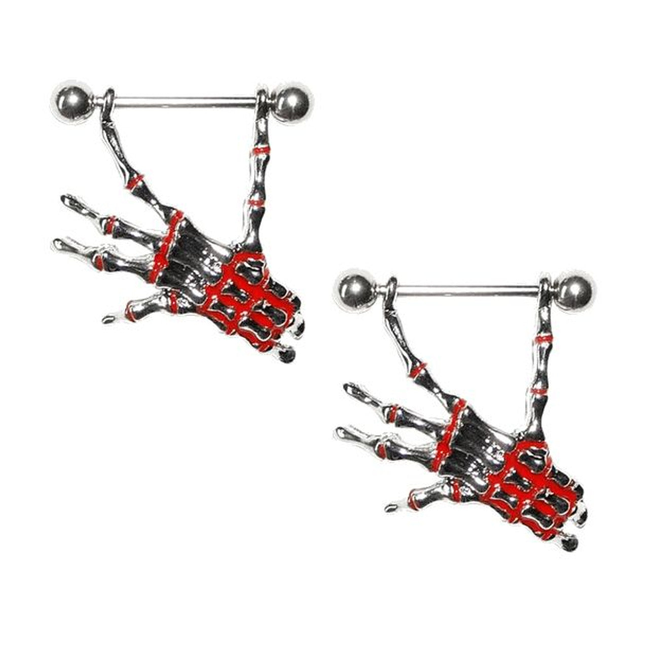 Surgical Steel Nipple Ring Barbell Shield 14 Gauge & Skeleton Hands - Pair