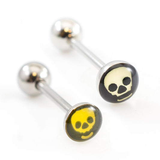 Surgical Steel Tongue Ring Straight Barbell 14 Gauge & Skull Logo