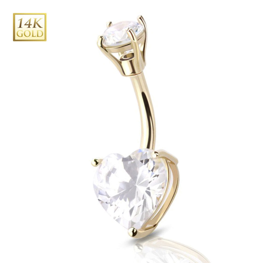 14K Solid Gold 14 Gauge Belly Ring with Solitaire Heart CZ