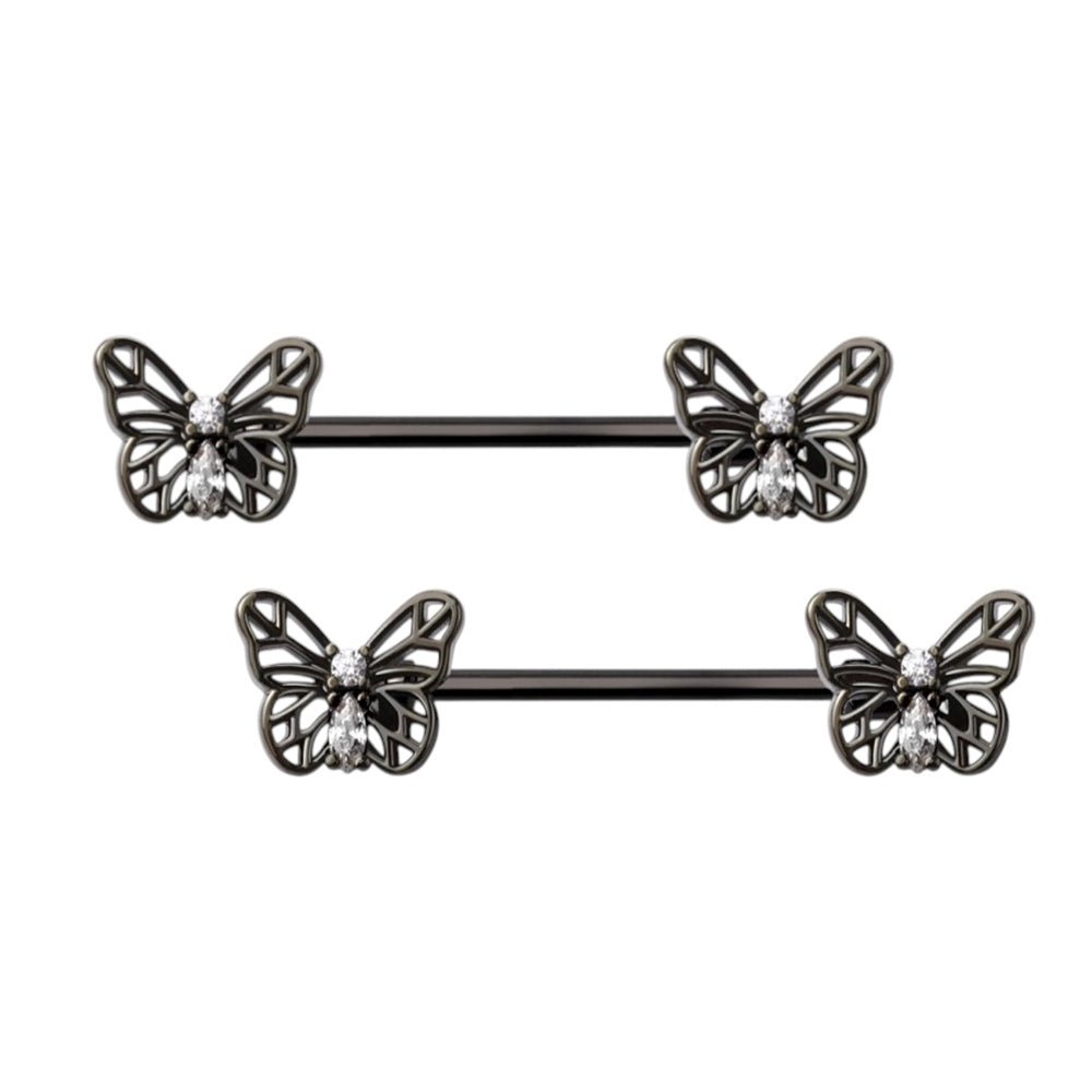 Surgical Steel 14 Gauge Nipple Barbell with CZ Butterfly - Pair - photo 5