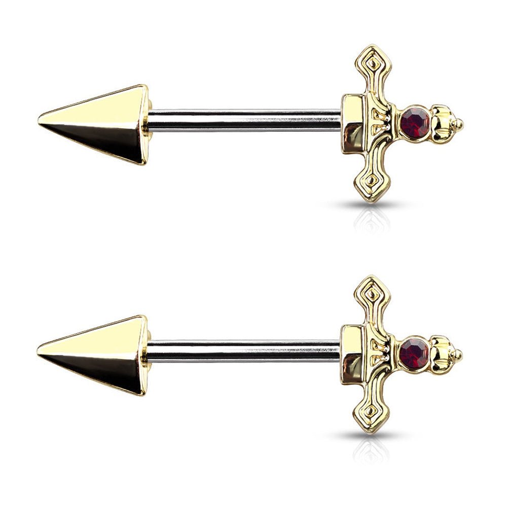 Surgical Steel 14 Gauge Nipple Barbell with Red CZ Dagger - Pair - Kruelty