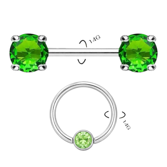 Surgical Steel 14 Gauge Nipple Barbell & Green CZ Captive Bead - Pair