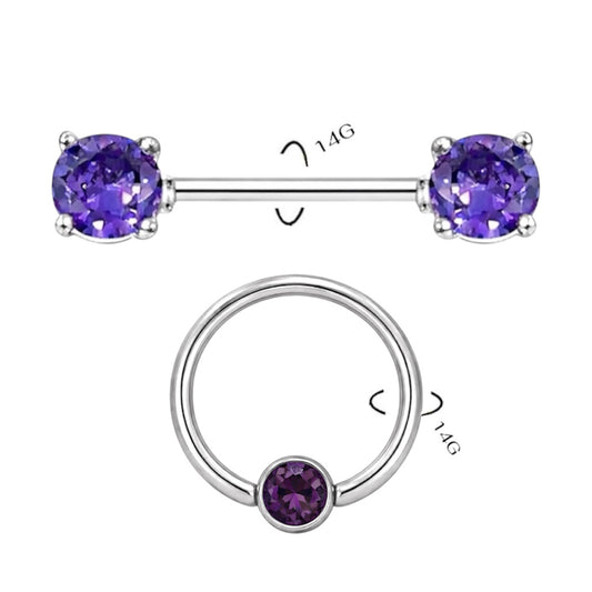 Surgical Steel 14 Gauge Nipple Barbell & Purple CZ Captive Bead - Pair