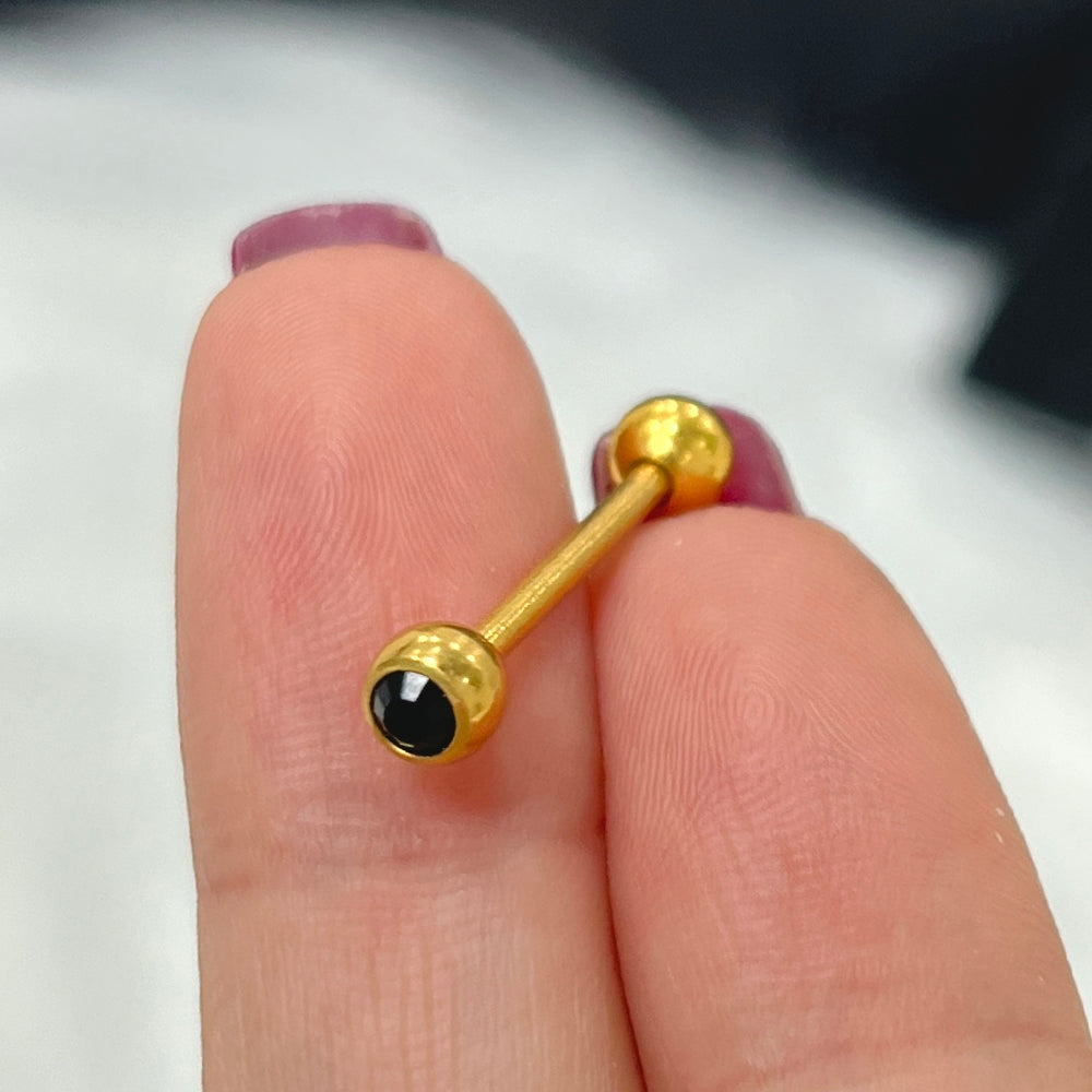Surgical Steel 14 Gauge Gold Tongue Barbell with Black CZ