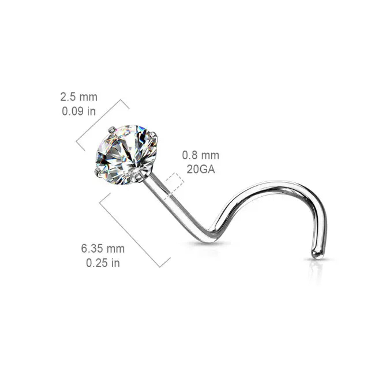 Surgical Steel Nose Ring Screw Stud 18 Gauge 1/4" with Clear Round Gem