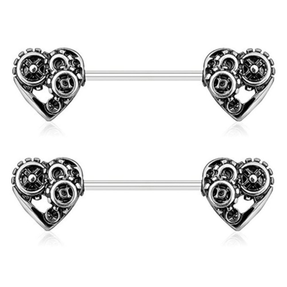 Surgical Steel 14 Gauge Nipple Barbell with Steampunk Heart - Pair - photo 6