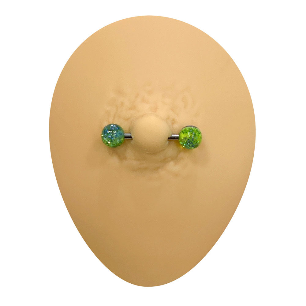 Surgical Steel Nipple Barbell 14G 14mm with Green Glitter Balls - Pair - photo 7