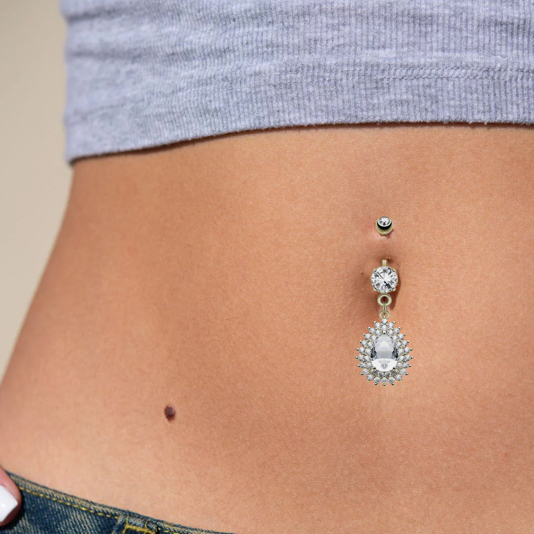 Surgical Steel Belly Button Ring 14 Gauge With Large Tear Gem Dangle