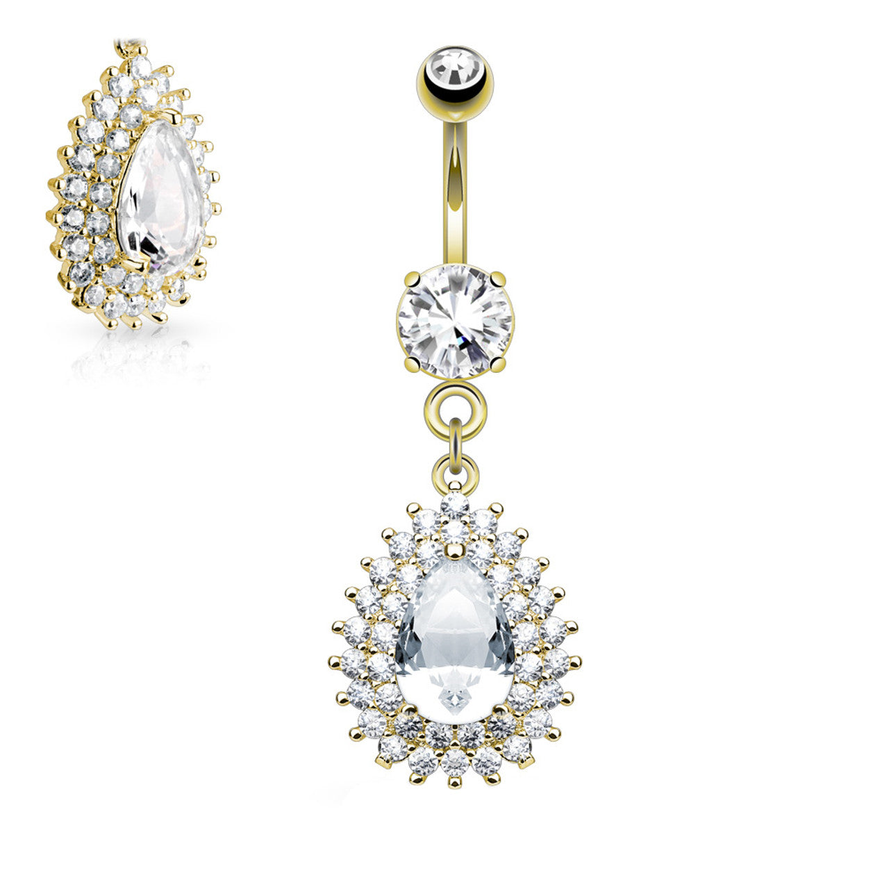 14 Karat Gold Plated Belly Button Ring 14 Gauge & CZ Tear Drop Dangle