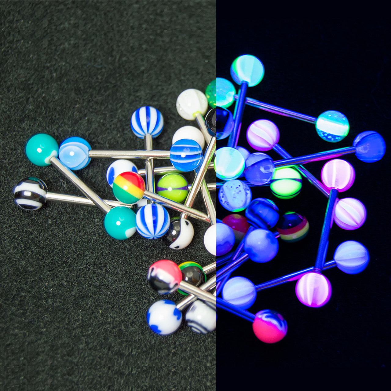 Surgical Steel Tongue Ring Straight Barbell 14 Gauge UV Glow - 20 Pack