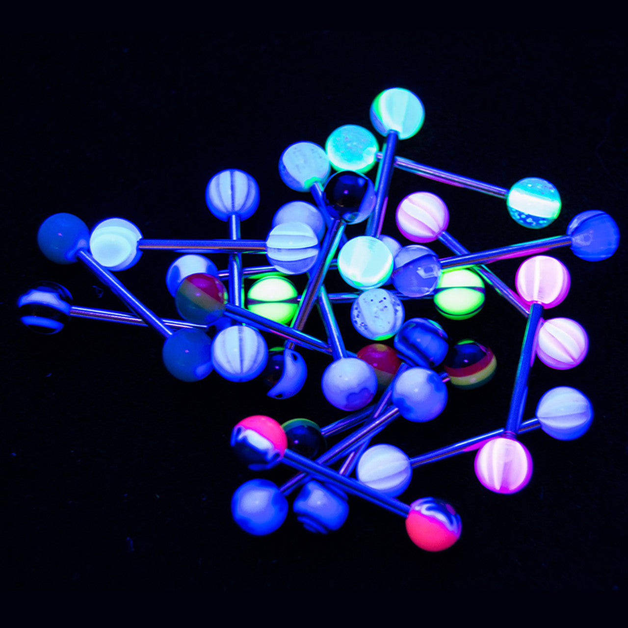 Surgical Steel Tongue Ring Straight Barbell 14 Gauge UV Glow - 20 Pack