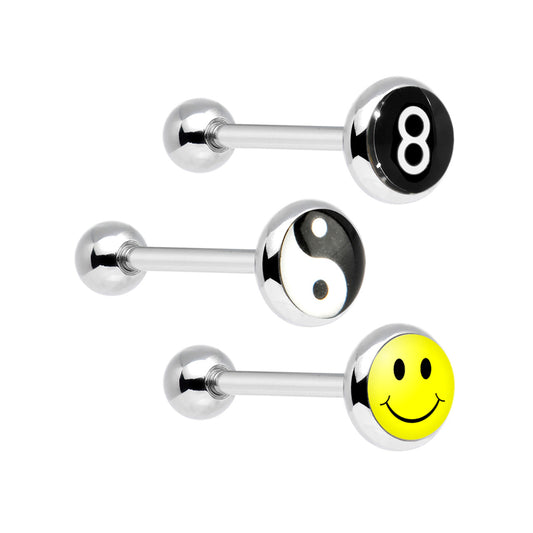 Surgical Steel Barbell Tongue Ring 14 Gauge With Fun Logo Top - 3 Pack
