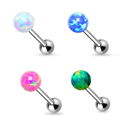 Surgical Steel Tongue Ring Straight Barbell 14 Gauge With Opal Gem