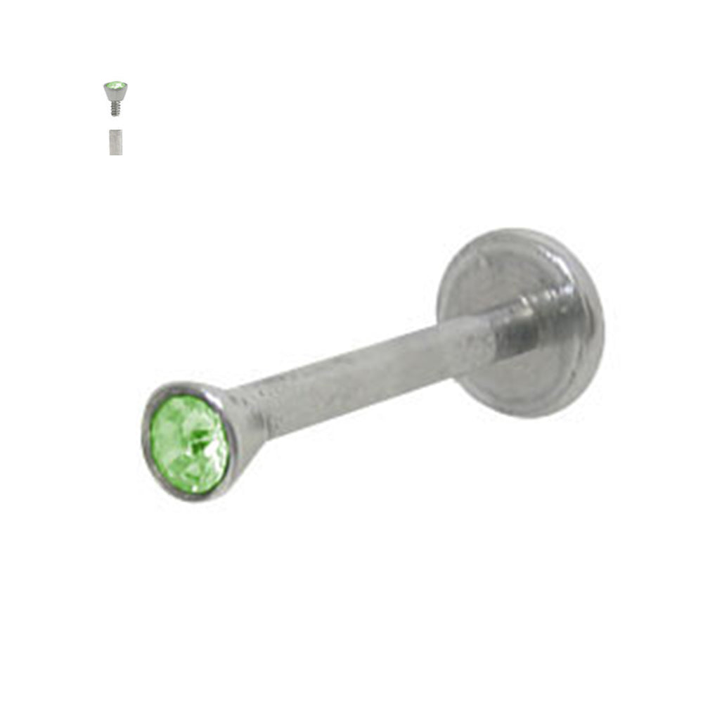 Surgical Steel 16 Gauge Flat Back Labret Stud with Green CZ Torch