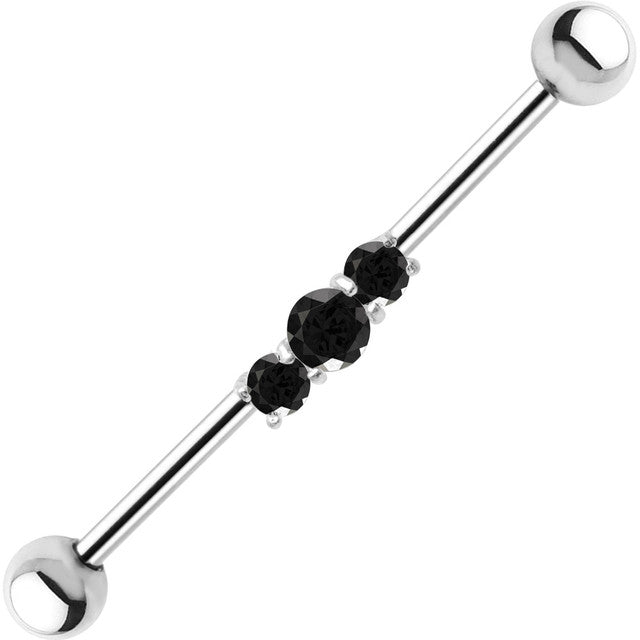 Surgical Steel 14 Gauge Industrial Barbell with Triple Black CZ